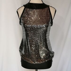 High Neck Sleeveless Backless Silver Sequined Top Black Faux Leather Trim - Sz S